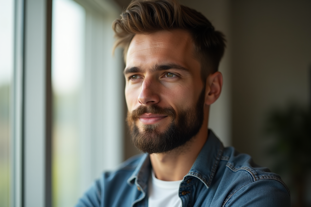 Jeune homme confiant avec barbe bien taillée en lumière naturelle