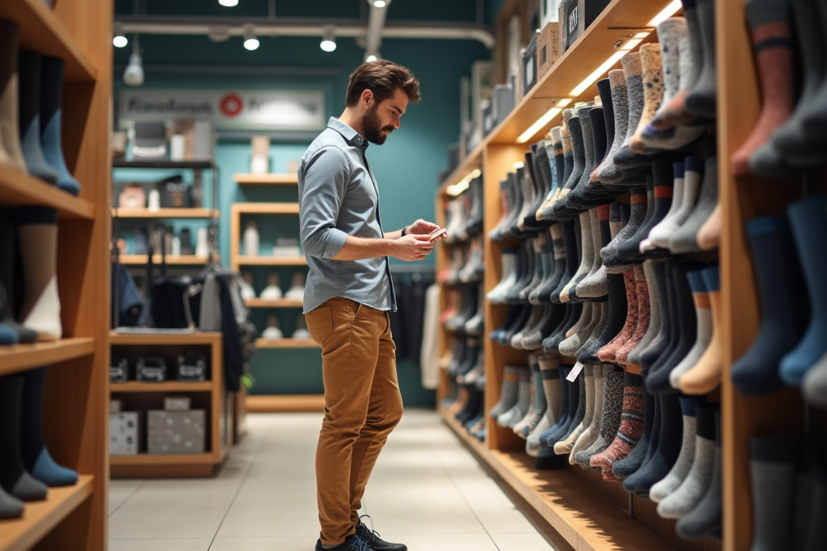 Jeune homme dans un magasin de vêtements examinant des chaussettes