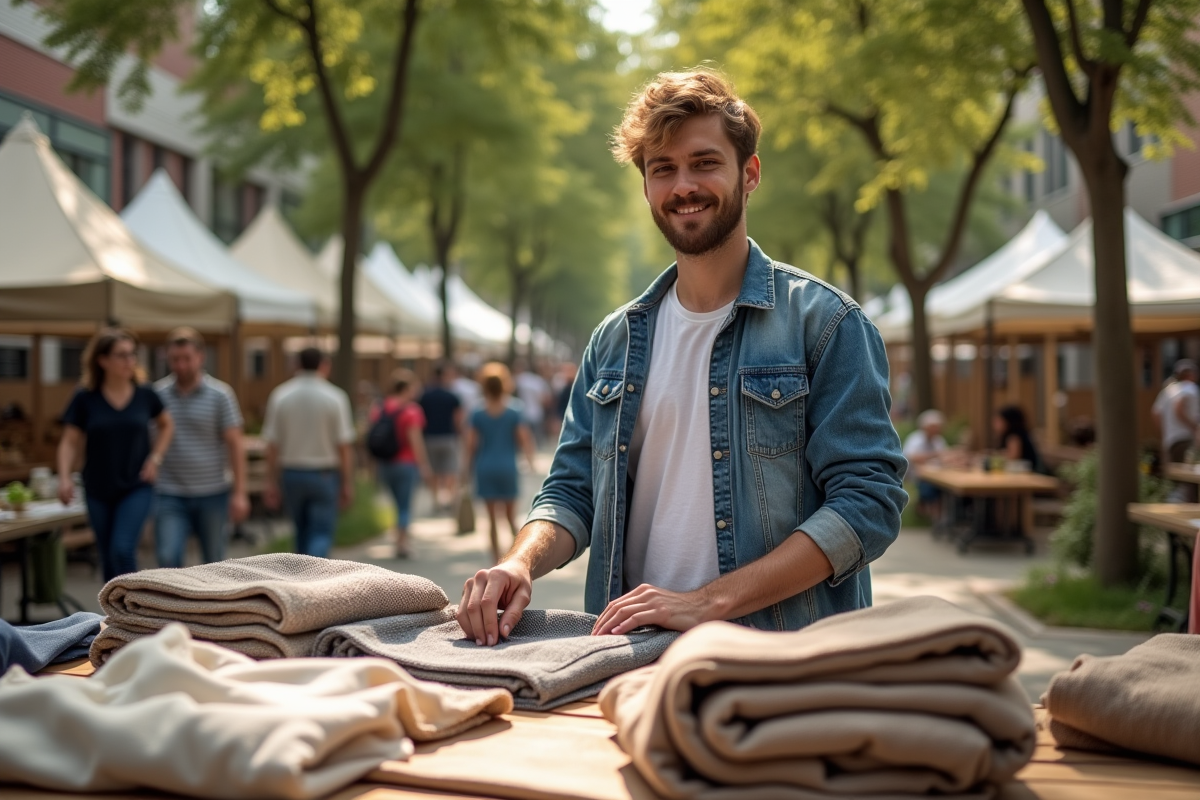 Jeune homme présentant des textiles durables au marché