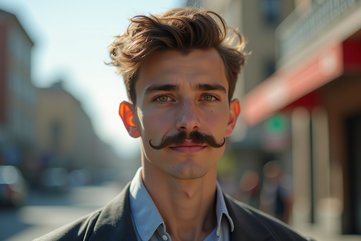 Jeune homme à la mode avec moustache moderne en plein air