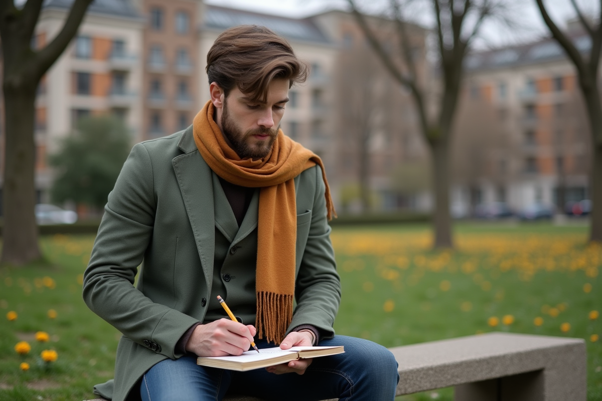 Jeune homme assis dans un parc urbain avec fleurs printanières