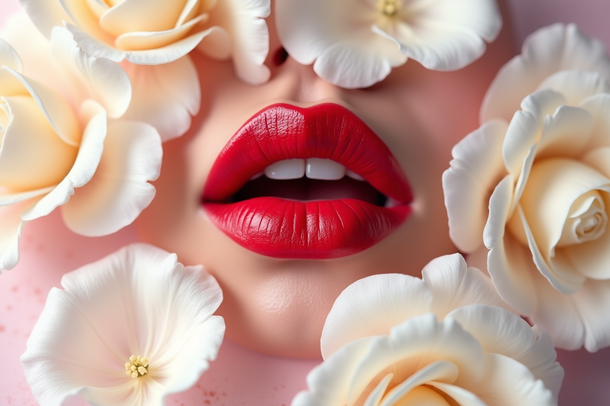 Lèvres rouges avec reflets entourées de roses blanches sur marbre