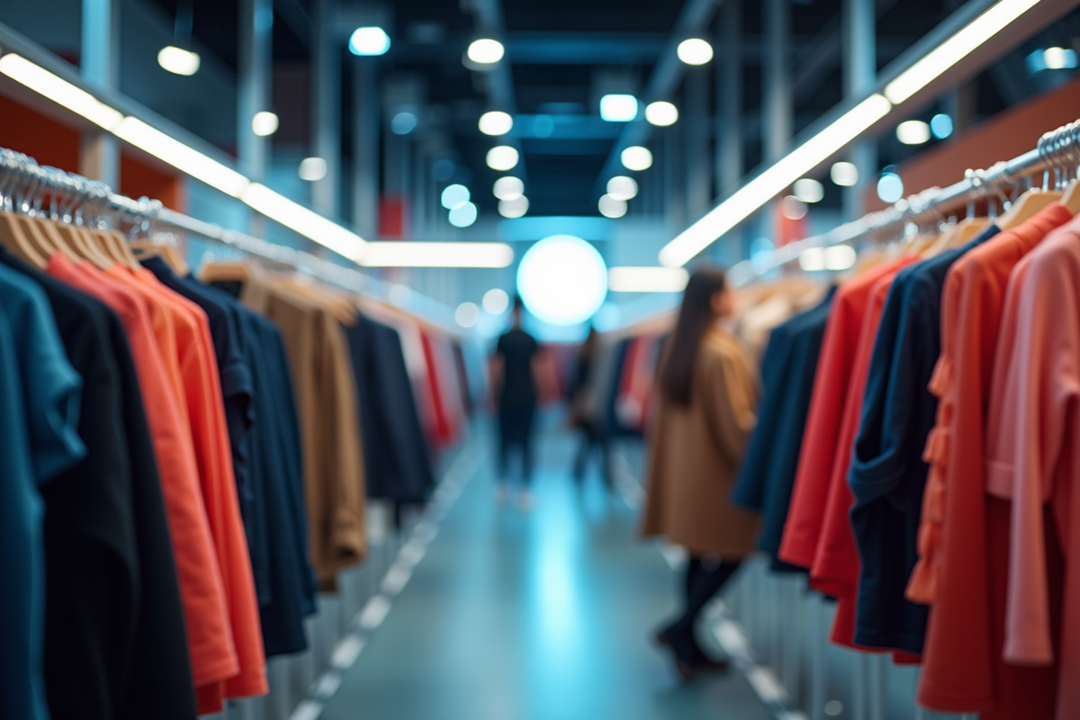 Clients dans magasin de mode rapide avec vetements colorés et éclairage brillant