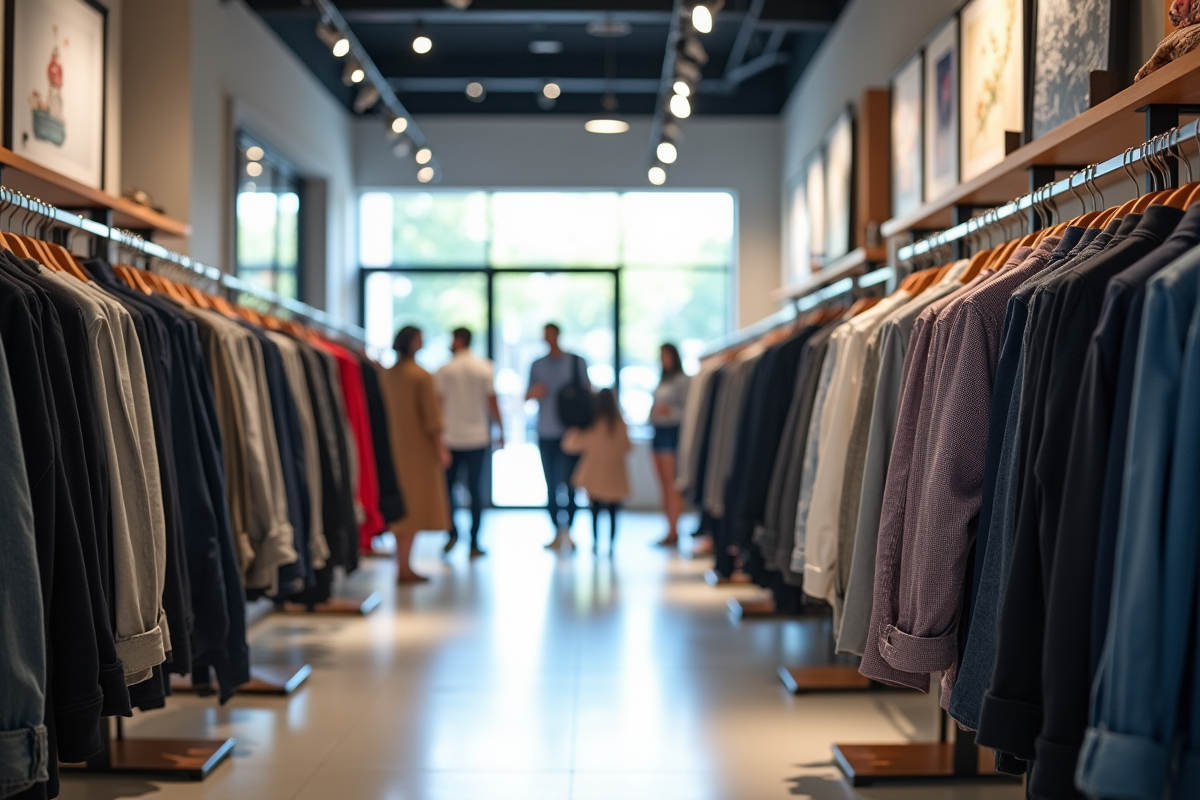 Intérieur lumineux d un magasin de vêtements moderne avec rayons de chemises et jeans