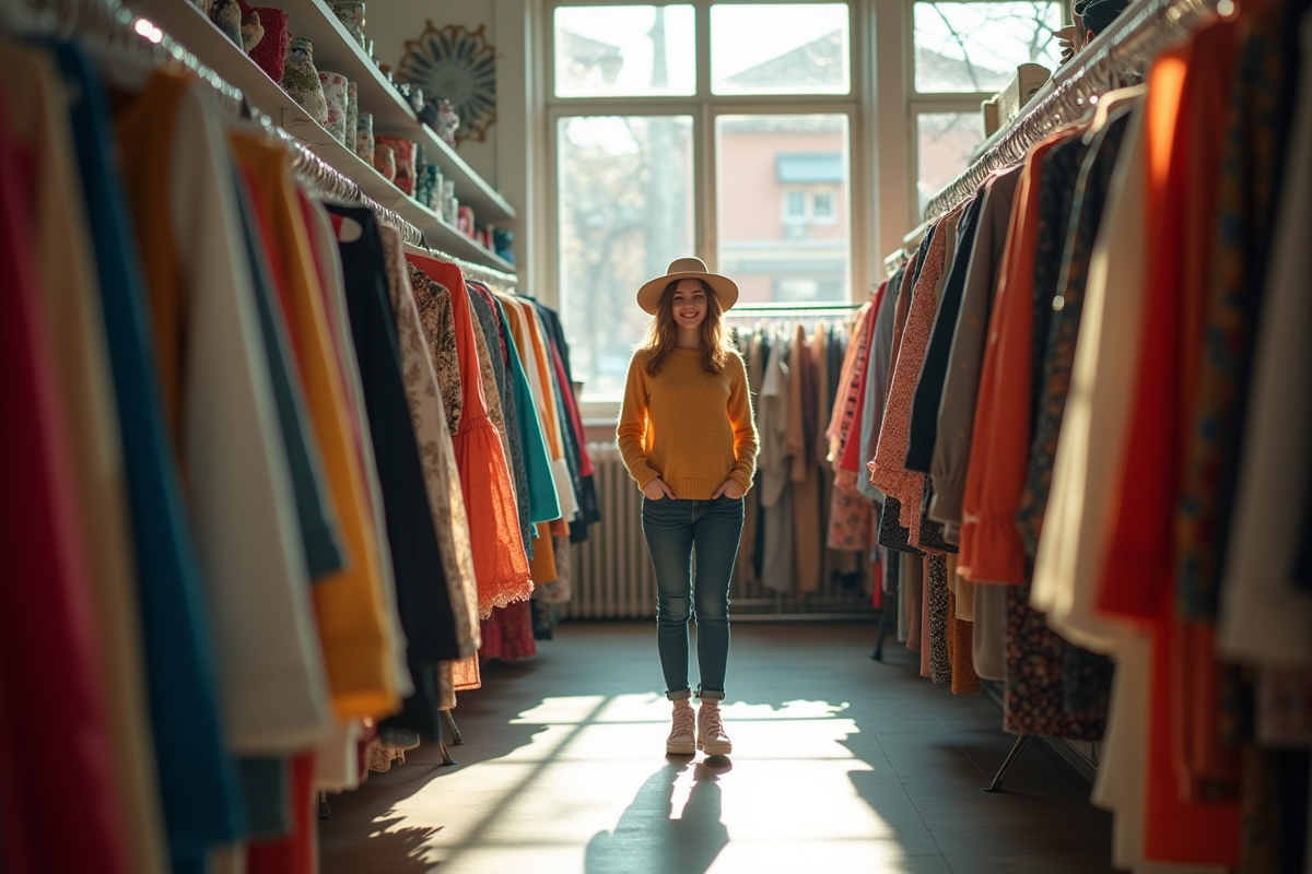 Intérieur lumineux d un magasin de vêtements d occasion organisé