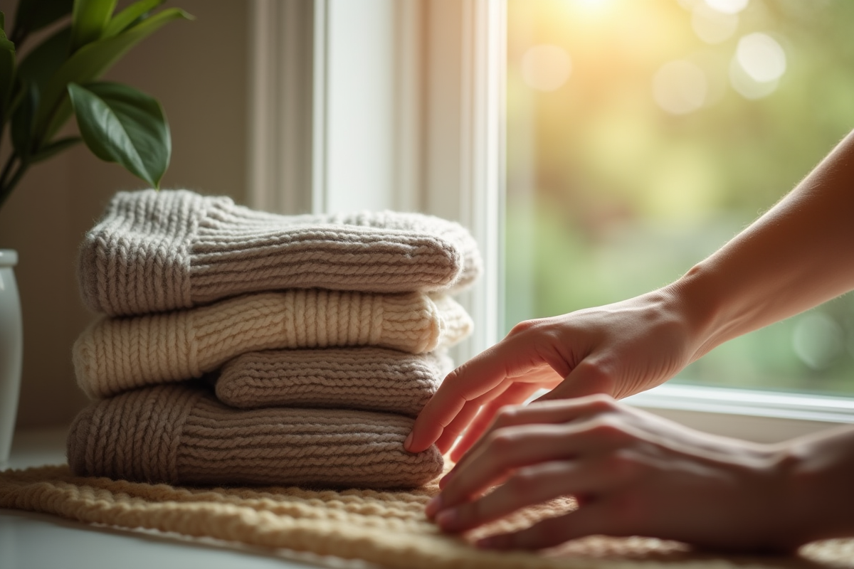 Main touchant doucement des chaussettes en laine et bambou naturelles