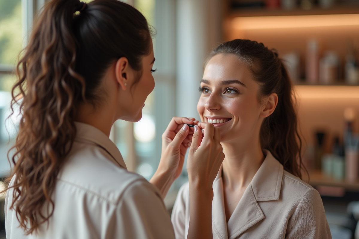 Maquilleuse professionnelle avec une cliente souriante
