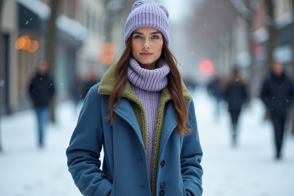 Jeune femme en mode hiver 2025 en extérieur