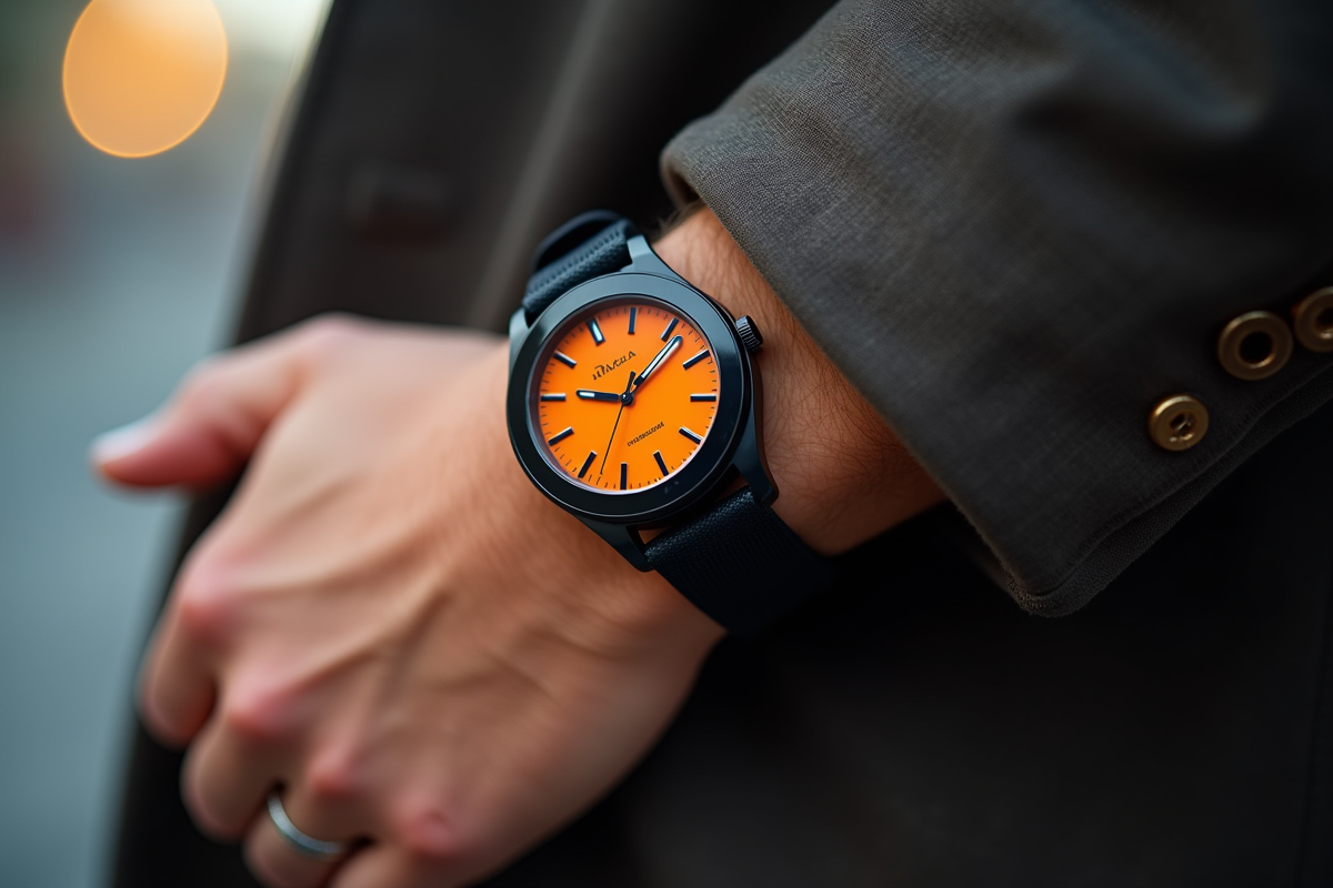 Montre avec cadran orange portée en extérieur