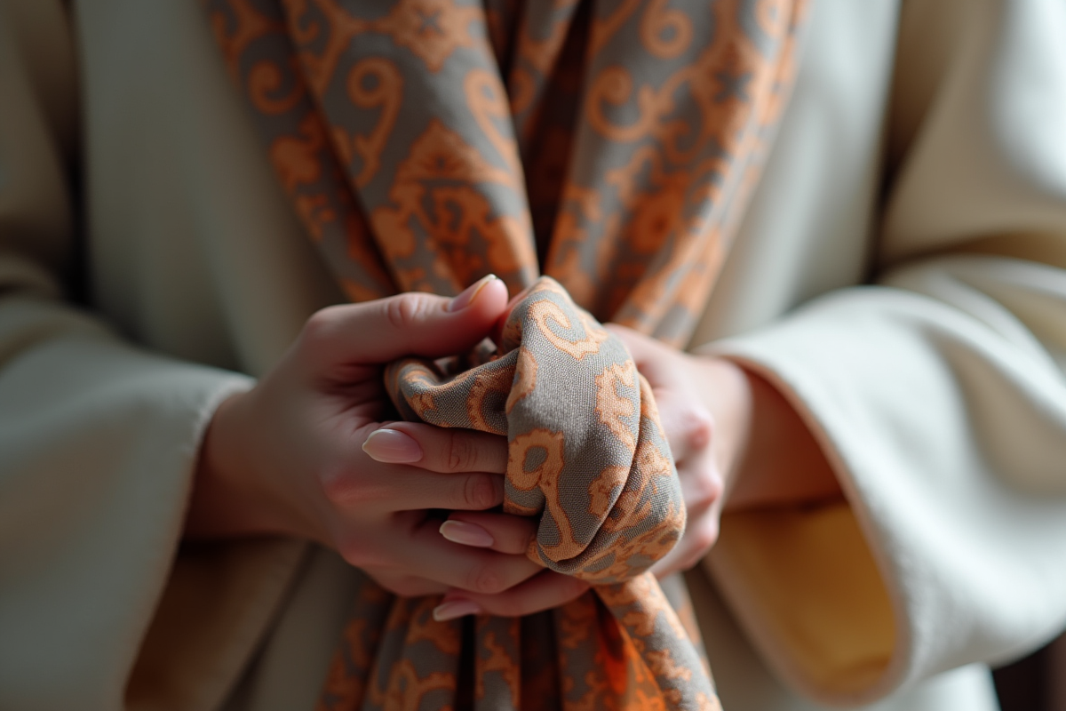 Mains élégantes nouant un foulard à motifs en gros plan