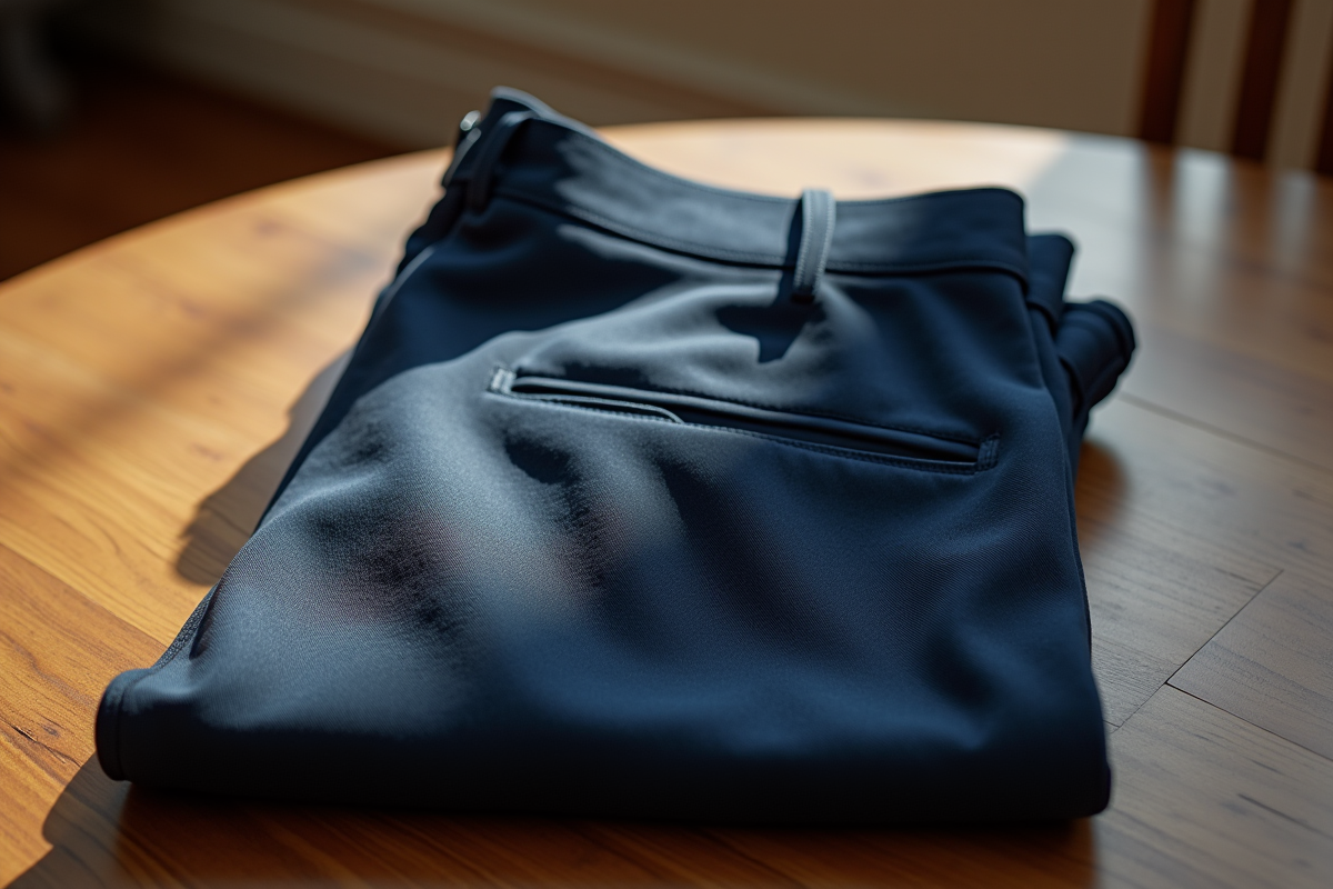 Pantalon plie sur une surface en bois avec double passants