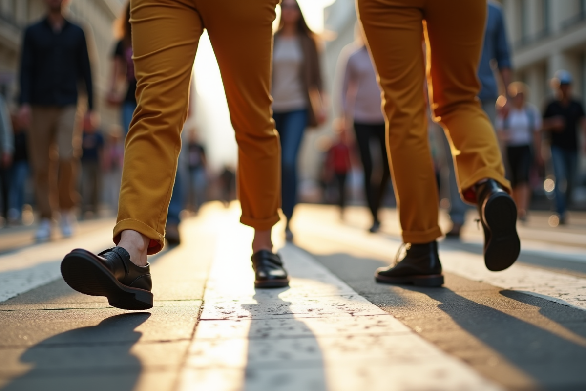 Gens marchant dans un passage piéton avec pantalons à la mode 2025