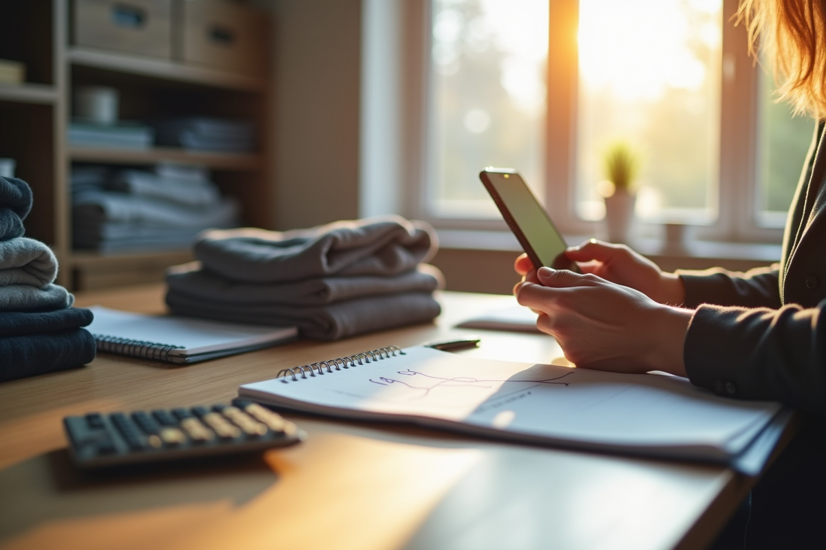 Personne utilisant un smartphone à une table en bois clair