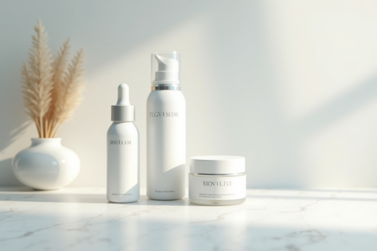 Vitrine de produits de soin visage sur coiffeuse lumineuse