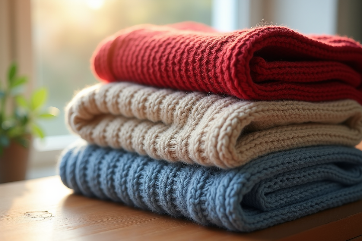 Étagère de pulls en couleurs tendance hiver 2025