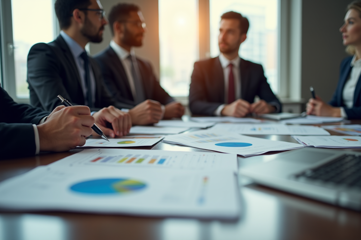 Réunion de professionnels discutant de ventes et graphiques