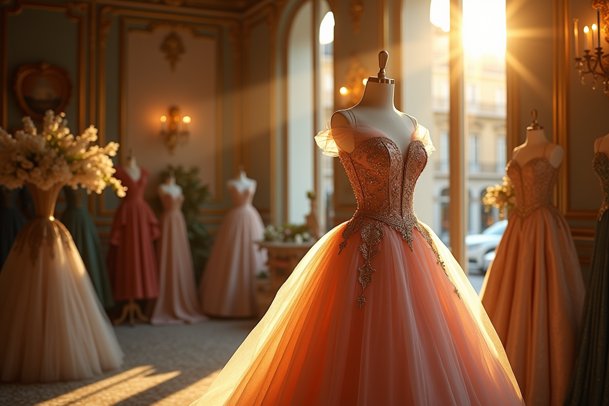 Robe vintage haute couture dans une boutique parisienne élégante