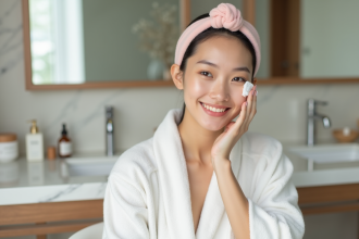 Jeune femme asiatique appliquant une essence visage