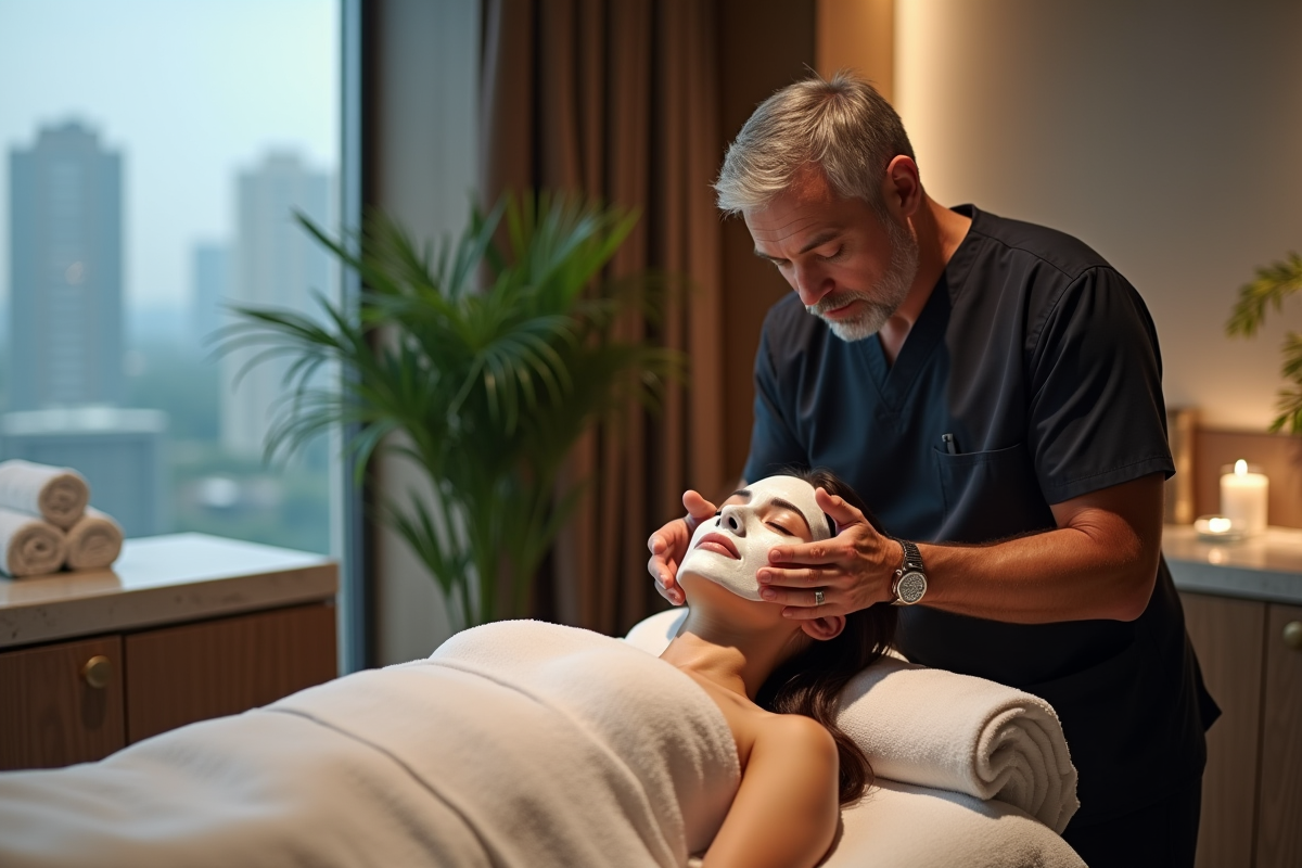 Cosmetologue appliquant un masque facial dans un spa