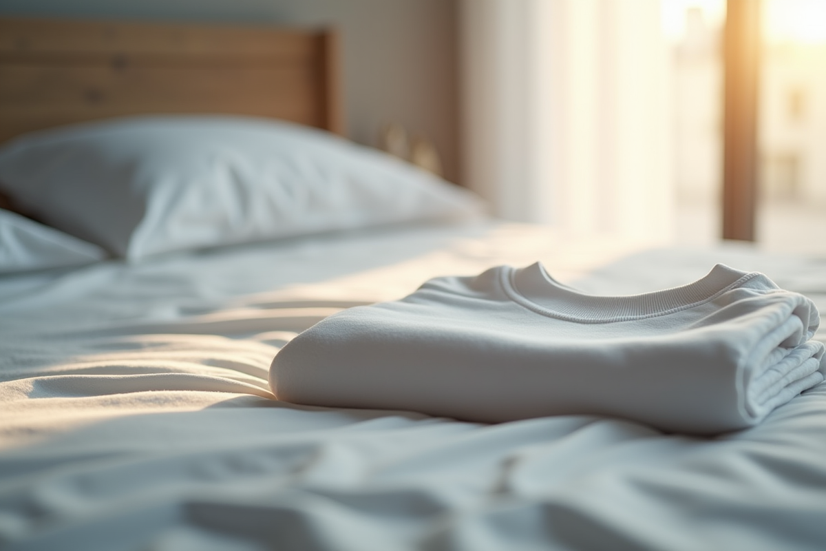 Tshirt thermolactyl plié sur un lit en lumière naturelle