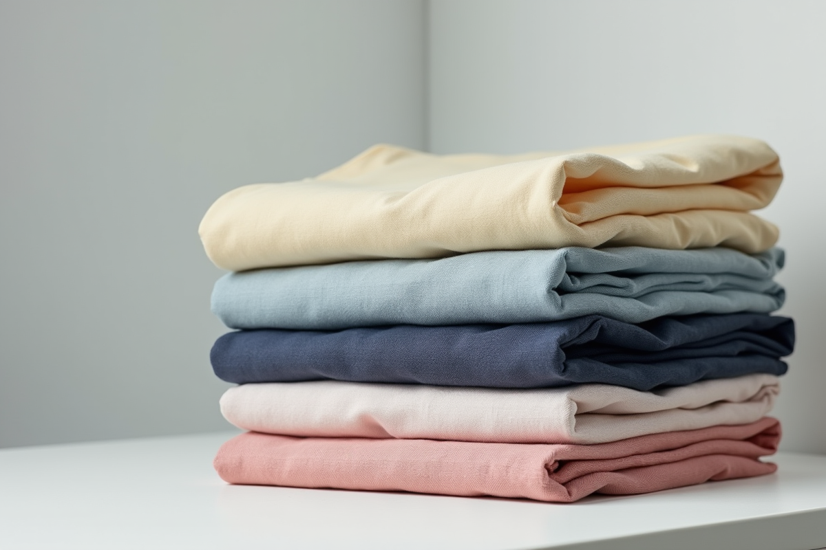 Pile de t shirts unis colorés sur une table minimaliste avec texture visible