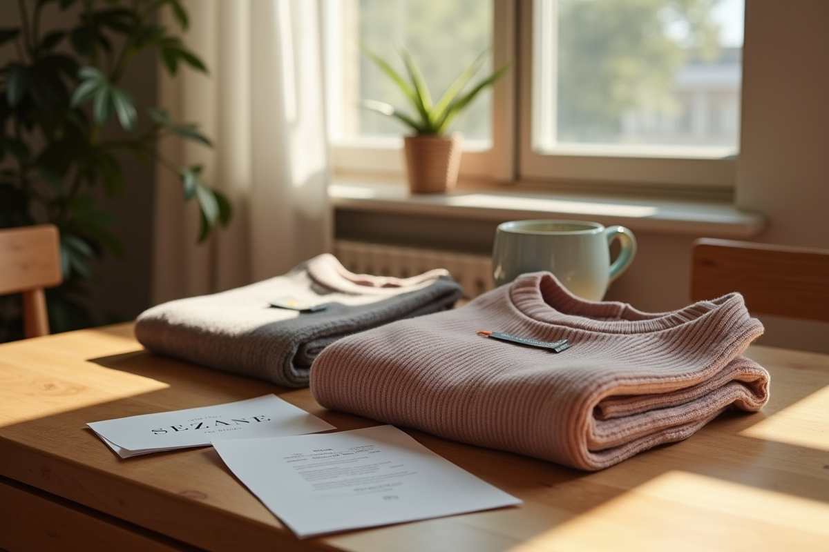 Vêtements Sézane pliés sur une table en bois à la maison