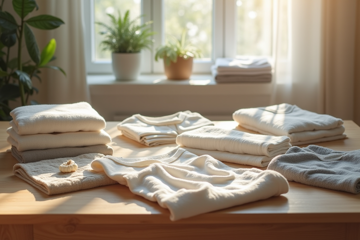 Vêtements durables disposés sur une table en intérieur lumineux